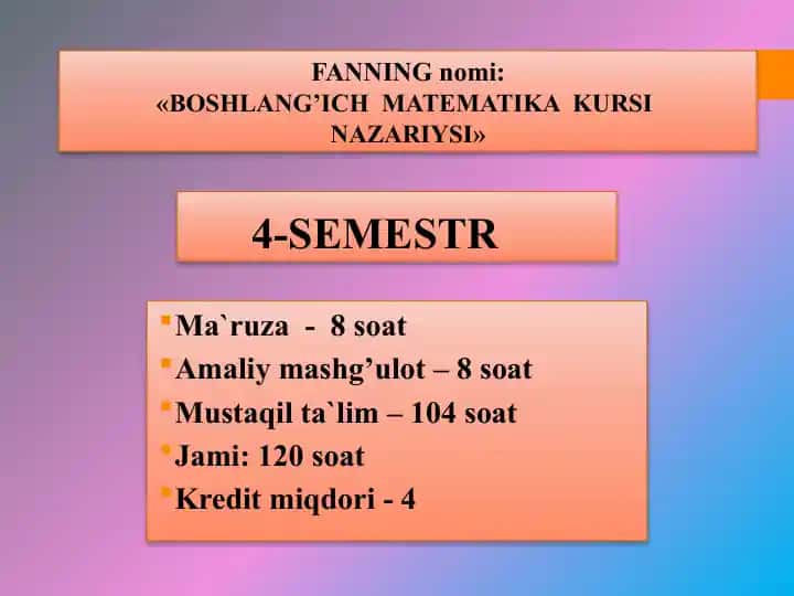 BOSHLANG’ICH MATEMATIKA KURSINAZARIYSI