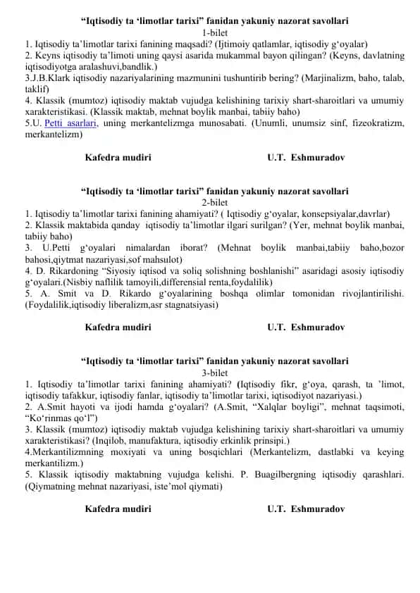 "Iqtisodiy ta'limotlar tarixi fanidan yakuniy nazorat savollari"