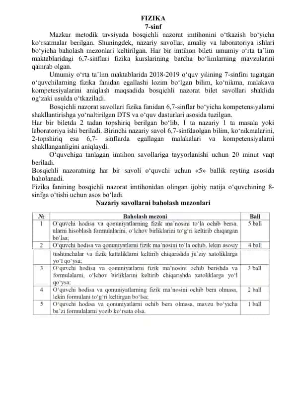 Fizika fanidan 6-7-sinflar uchun bosqichli nazorat imtihon biletlari va tavsiyalar