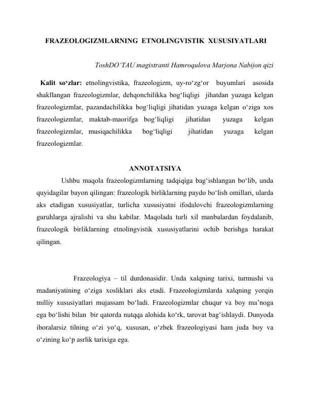 FRAZEOLOGIZMLARNING ETNOLINGVISTIK XUSUSIYATLARI