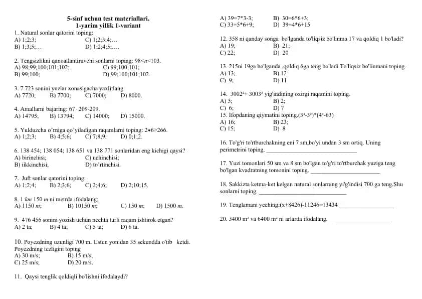 5-sinf uchun test materiallari
