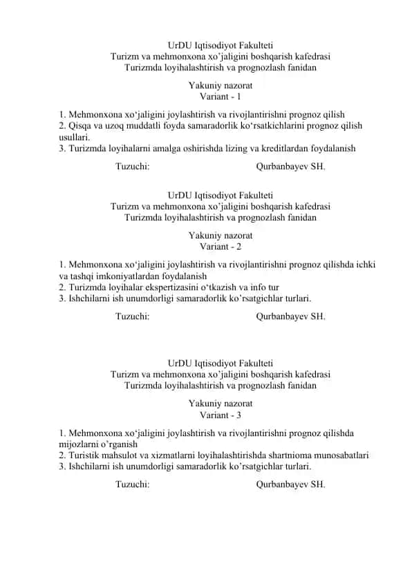 Turizmda loyihalashtirish va prognozlash fanidan