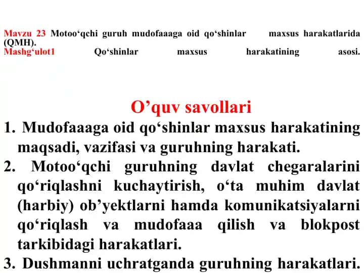 Qo‘shinlar Maxsus Harakati O‘quvsavollari