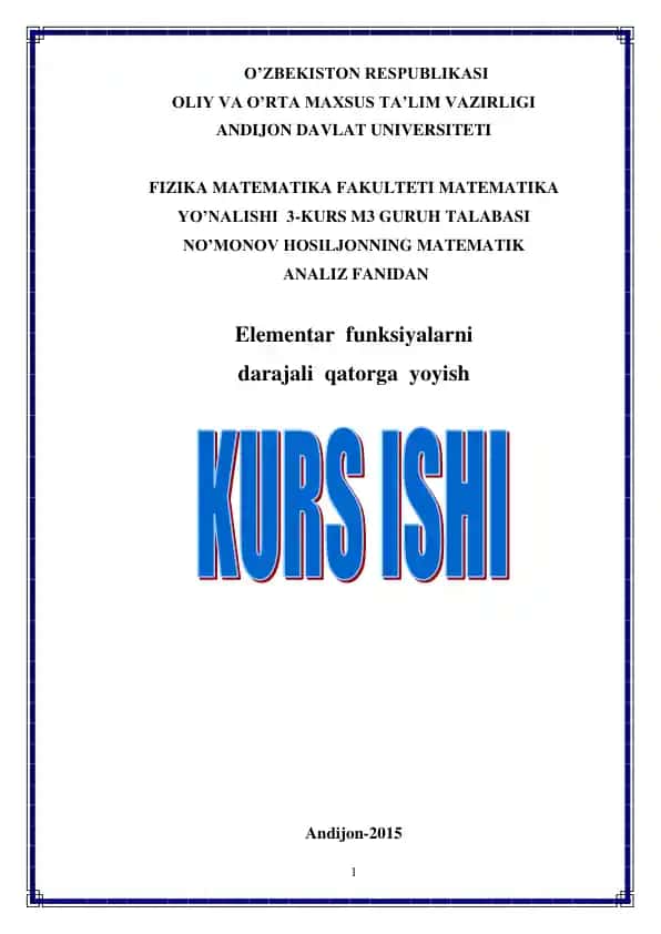 Elementar funksiyalarni darajali qatorga yoyish