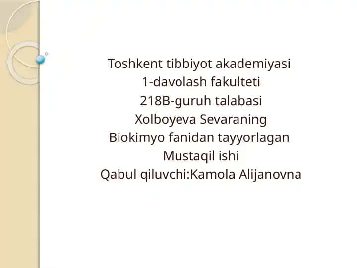 Biokimyo fanidan tayyorlagan Mustaqilishi