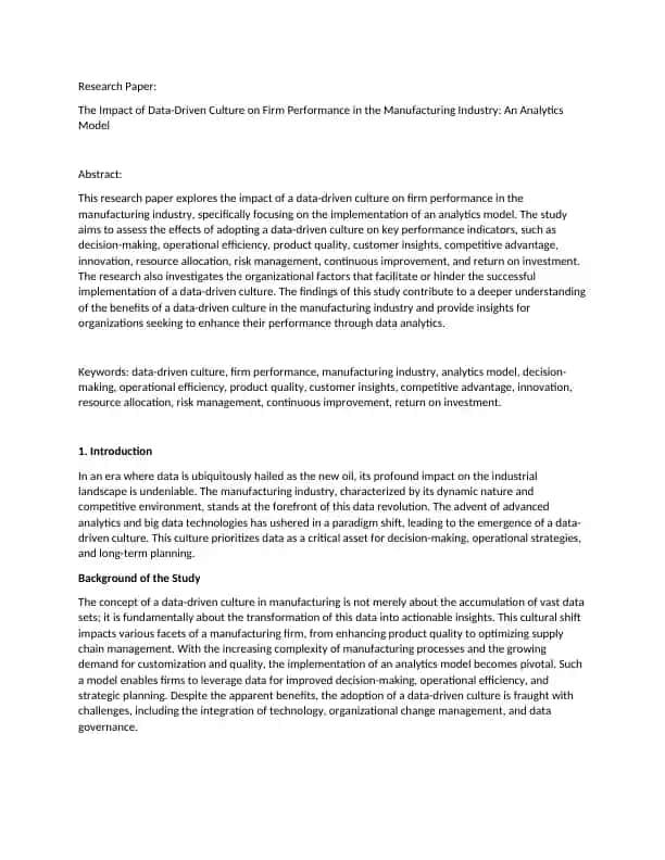 Research Paper: The Impact of Data-Driven Culture on Firm Performance in the Manufacturing Industry: An Analytics Model