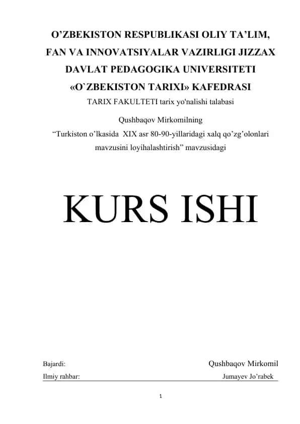 "Turkiston o’lkasida XIX asr 80-90-yillaridagi xalq qo’zg’olonlari mavzusini loyihalashtirish"