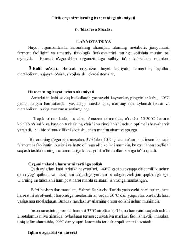 Tirik organizmlarning haroratdagi ahamiyati