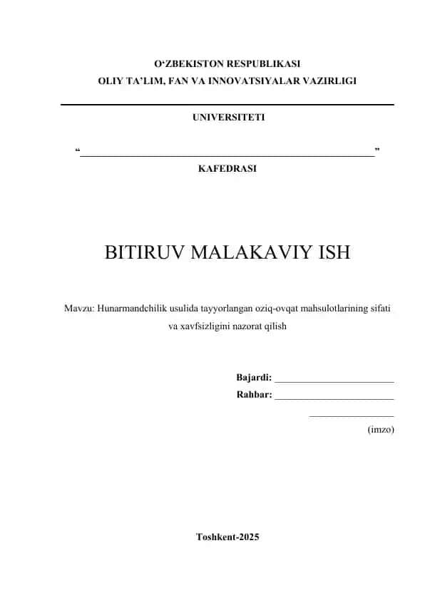 Hunarmandchilik usulida tayyorlangan oziq-ovqat mahsulotlarining sifati va xavfsizligini nazorat qilish