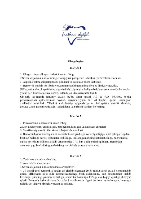 Allergologiya якуний саволлар