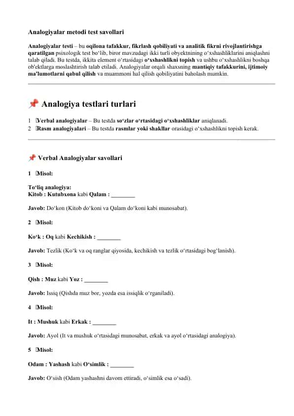 Analogiyalar metodi test savollari