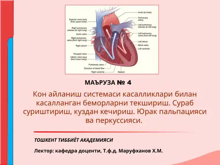 Қон айланиш тизими касалликлари билан касалланган беморларни текшириш (Маърўза №4)