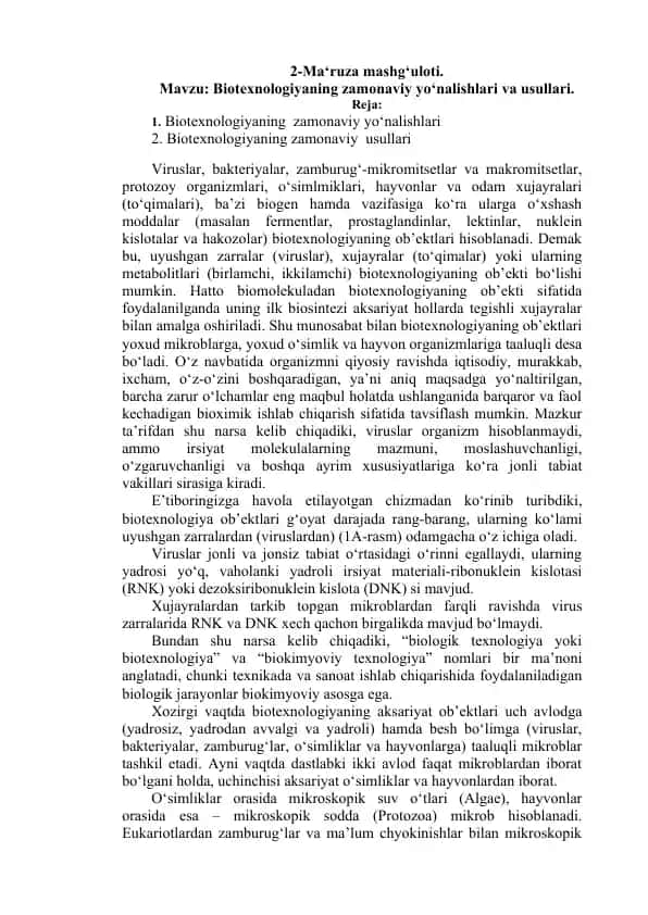 Biotexnologiya zamonaviy yo‘nalishlari va usullari