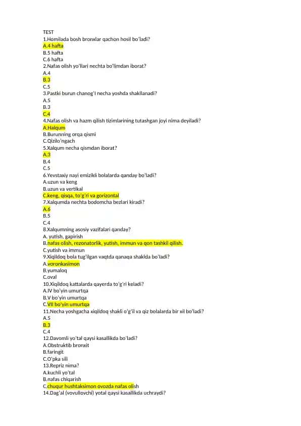 Nafas olish va hazm qilish tizimlari bo‘yicha test savollari