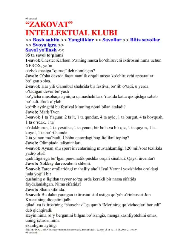 "Intellectual Club 'Zakovat' 95 ta savol"