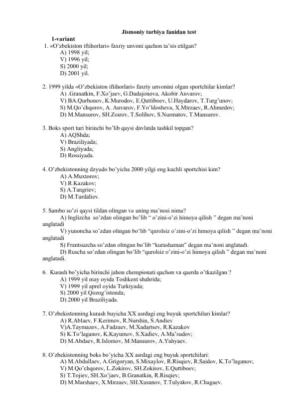 Jismoniy tarbiya fanidan test