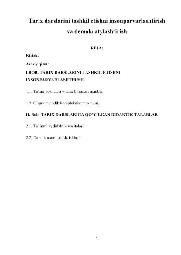 TARIX DARSLARINI TASHKIL ETISHNI INSONPARVARLASHTIRISH