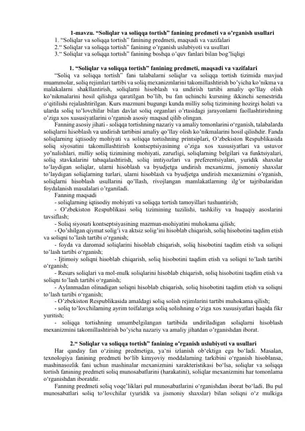 "Soliqlar va soliqqa tortish" fanining predmeti va oʼrganish usullari