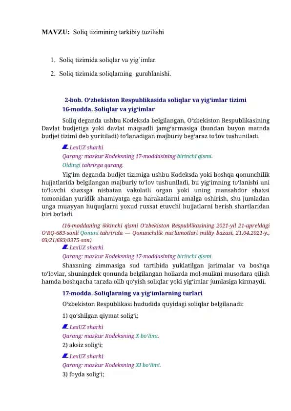 Soliq tizimining tarkibiy tuzilishi