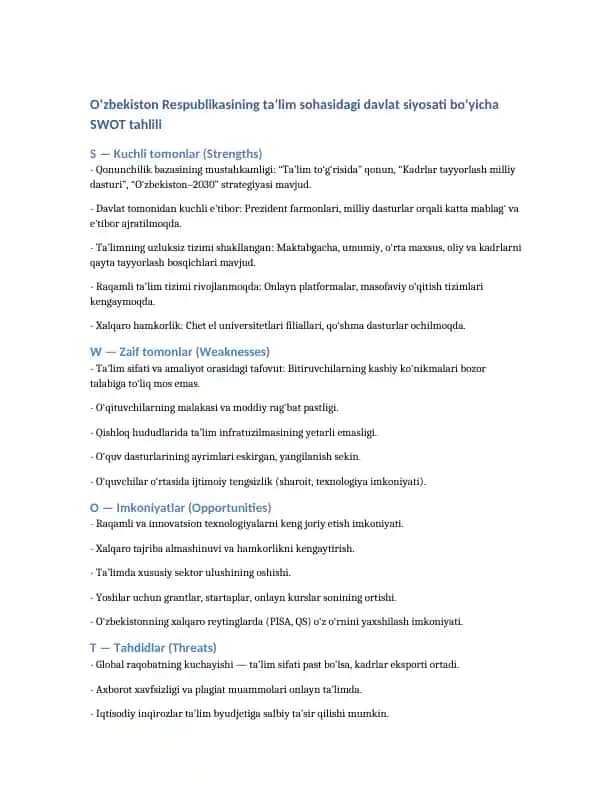 O‘zbekiston Respublikasining ta’lim sohasidagi davlat siyosati bo‘yicha SWOT tahlili