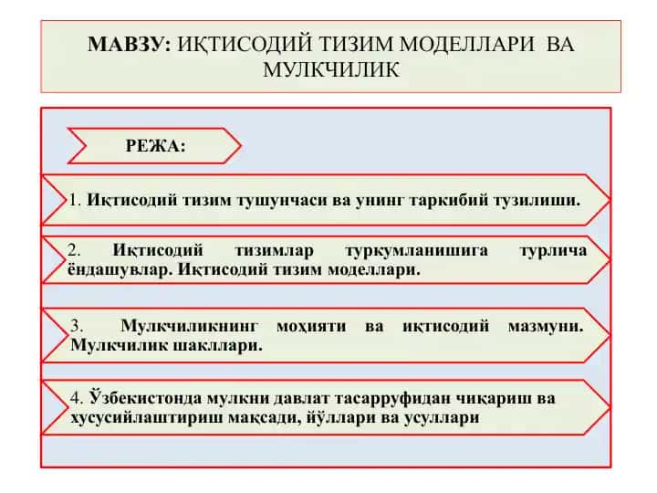 ИқТИСОДИЙ ТИЗИМ МОДЕЛЛАРИ ВА МУЛКЧИЛИК РЕЖА