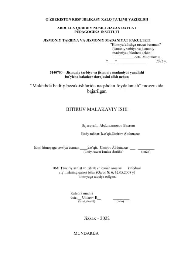 5140700 – Jismoniy tarbiya va jismoniy madaniyat yunalishi bo`yicha bakalavr darajasini olish uchun "Maktabda badiiy bezak ishlarida naqshdan foydalanish" movzusida bajarilgan BITIRUV MALAKAVIY ISHI