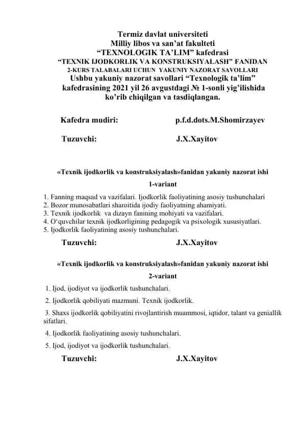 Texnik ijodkorlik va konstruksiyalash fanidan yakuniy nazorat savollari