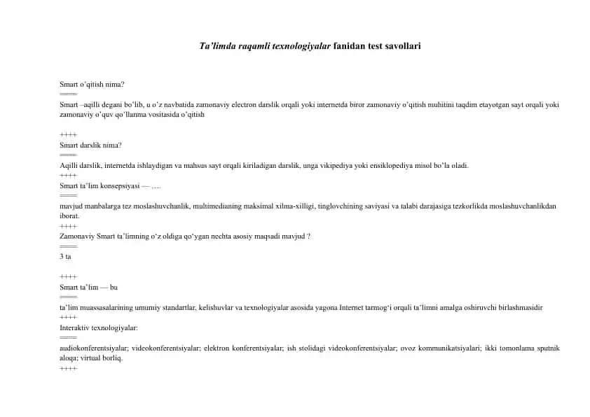Ta’limda raqamli texnologiyalar fanidan test savollari