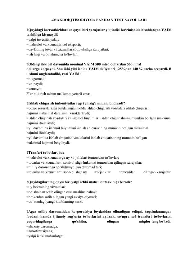 MAKROIQTISODIYOT FANIDAN TЕST SAVOLLARI
