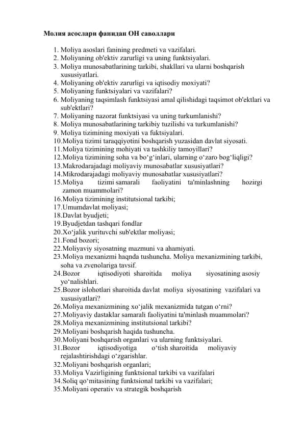 Moliya asoslari fanidan O'N savollari