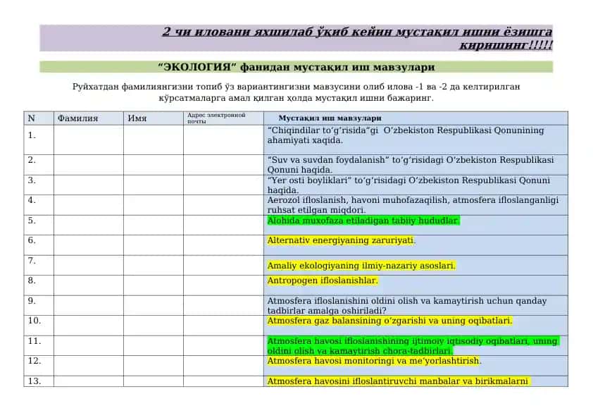 "ЭКОЛОГИЯ” фанидан мустақил иш мавзулари