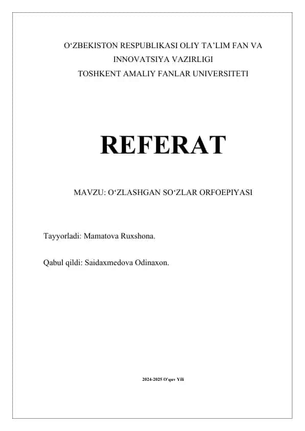 O‘zlashgan So‘zlar Orfoepiyasi Referati