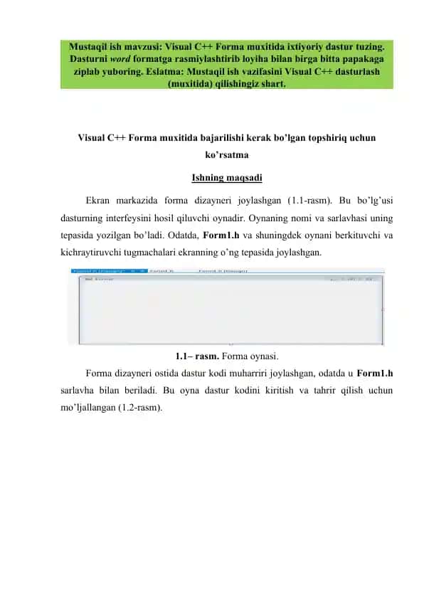 Visual C++ Forma muhiti uchun dastur yaratish bo‘yicha mustaqil ish