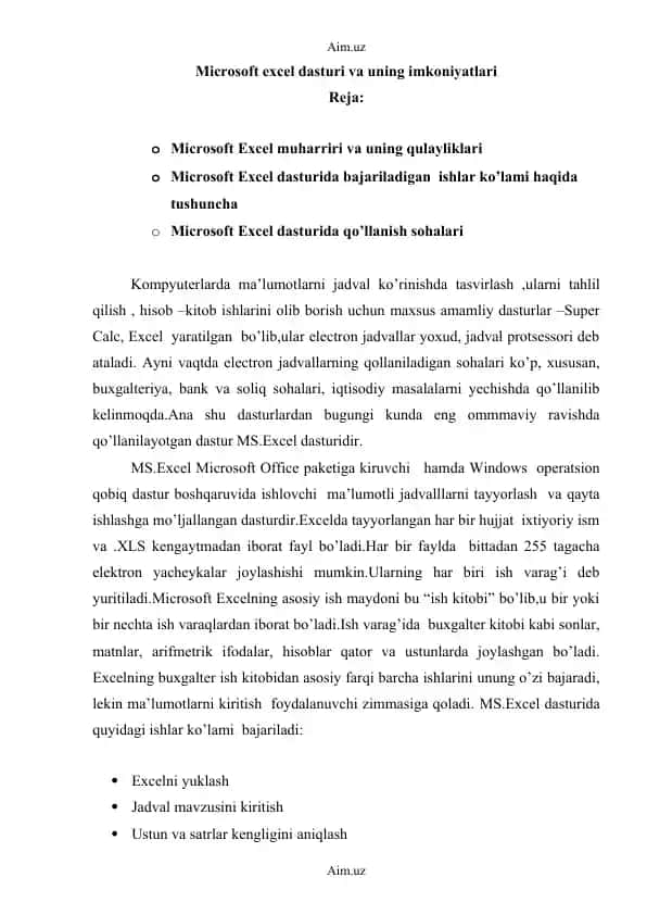 Microsoft Excel dasturi va uning imkoniyatlari