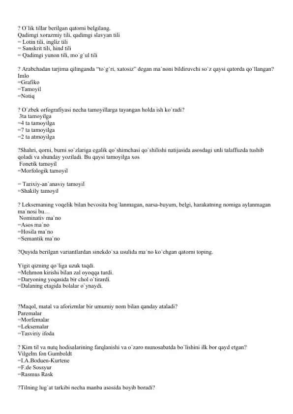 Tilshunoslik savollari va testlari to‘plami