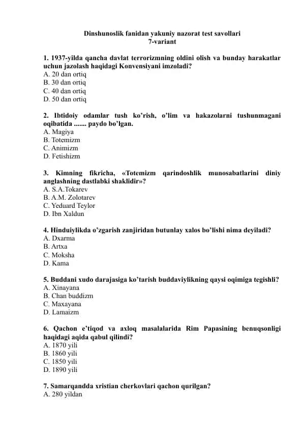 Dinshunoslik fanidan yakuniy nazorat test savollari