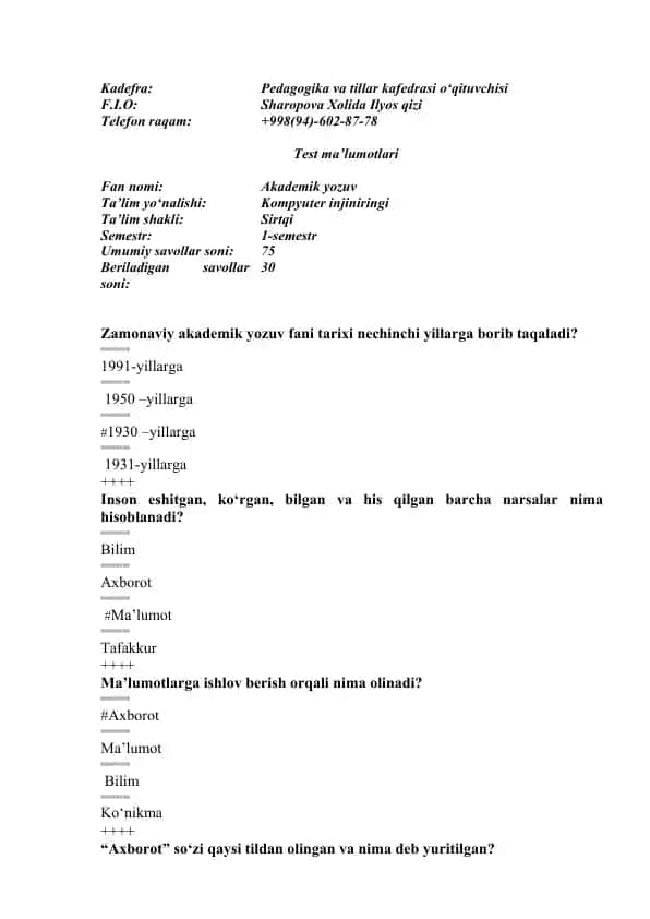 Akademik yozuv Test ma'lumotlari