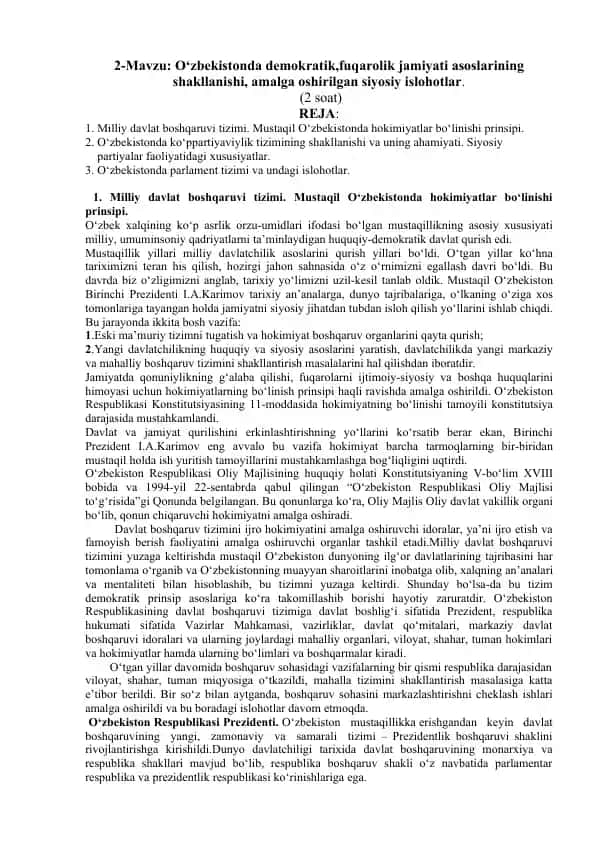 O‘zbekistonda demokratik, fuqarolik jamiyati asoslarining shakllanishi, amalga oshirilgan siyosiy islohotlar