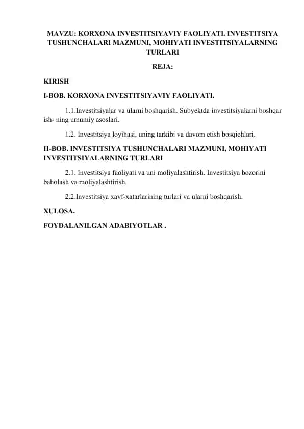 Investitsiya faoliyati va uni moliyalashtirish mavzusida ma'lumotlar