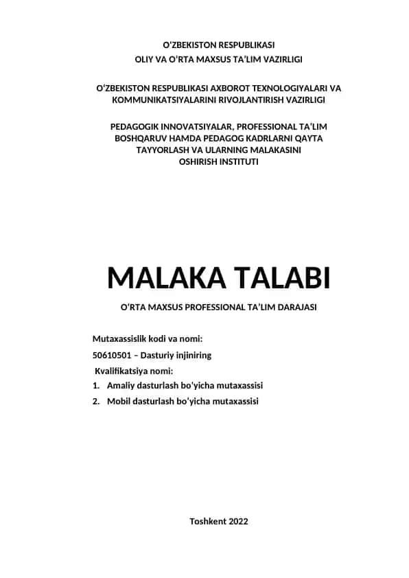 Malaka talabi O‘rta Maxsus Professional Ta’lim darajasi