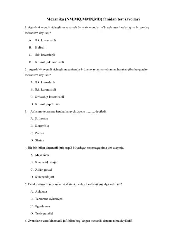 Mexanika (NM,MQ,MMN,MD) fanidan test savollari