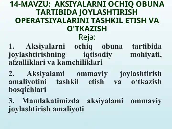 Aksiyalarni Ochiq Obuna Tartibida Joylashtirish Operatsiyalarini Tashkil Etish va O'tkazish