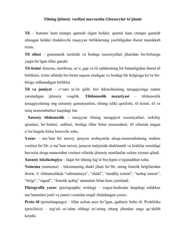Tilning ijtimoiy vazifasi mavzusida Glossarylar to’plami