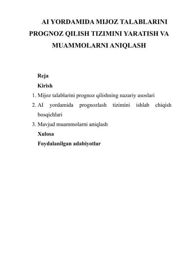 Mijoz talablarini prognoz qilish tizimi