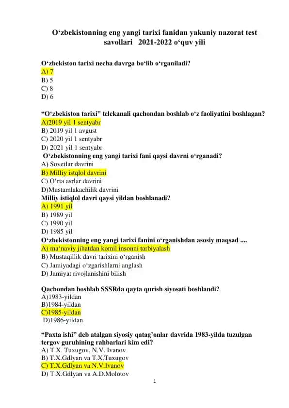 O'zbekistonning eng yangi tarixi fanidan test savollari