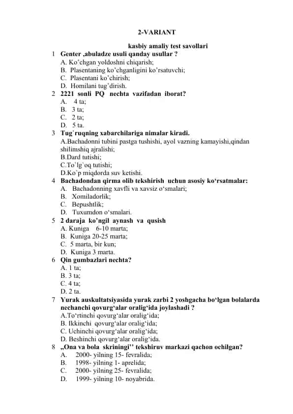 Kasbiy amaliy test savollari