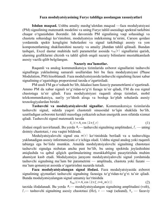 Faza modulyatsiyasining Furye tahliliga asoslangan xususiyatlari