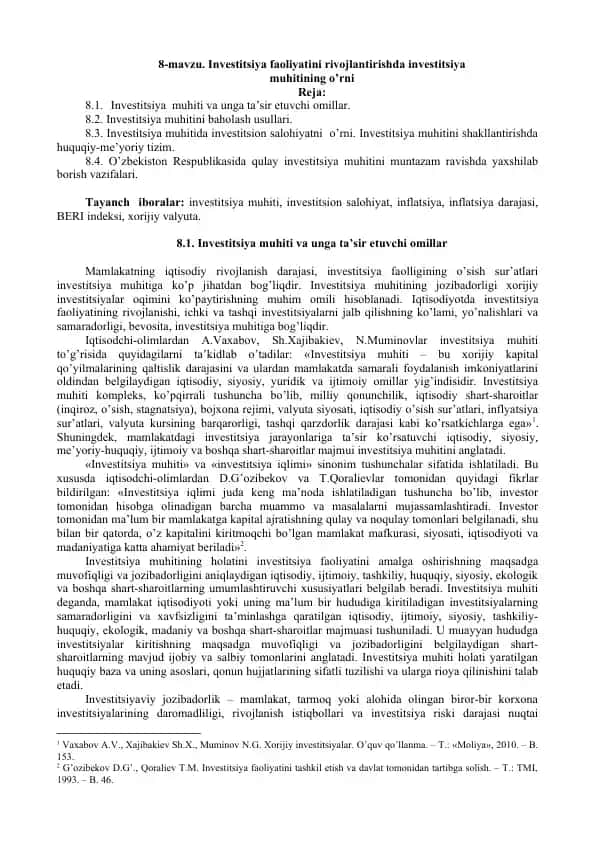 Investitsiya faoliyatini rivojlantirishda investitsiya muhitining o'rni
