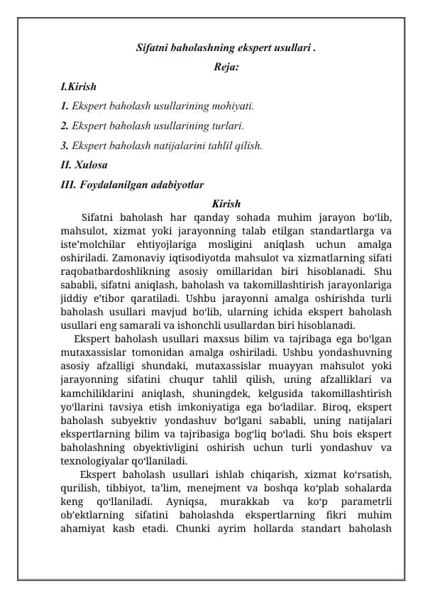 Sifatni baholashning ekspert usullari