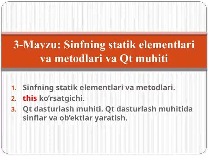 Sinfning statik elementlari va metodlari